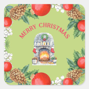 Modern Merry Christmas Red Green Fireplace Wreath Square Sticker