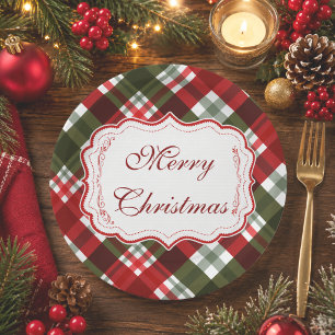 Modern Merry Christmas Red & Green Tartan Plaid Paper Plates