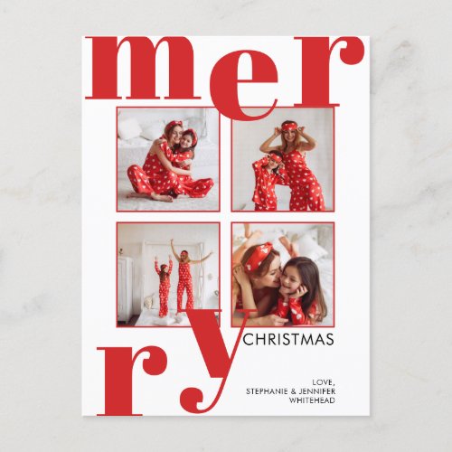 Modern Merry Christmas Red Photo Collage Holiday Postcard
