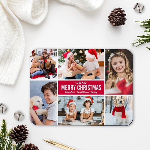 Modern Merry Christmas Red Photo Collage Magnet