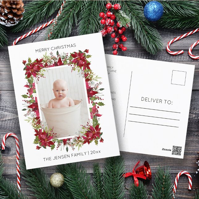 Modern Merry Christmas Red Poinsettias Photo Holiday Postcard (Poinsettia and pine branches Christmas photo postcard)