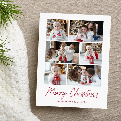Modern Merry Christmas Red Script 6 Photo Collage Holiday Postcard