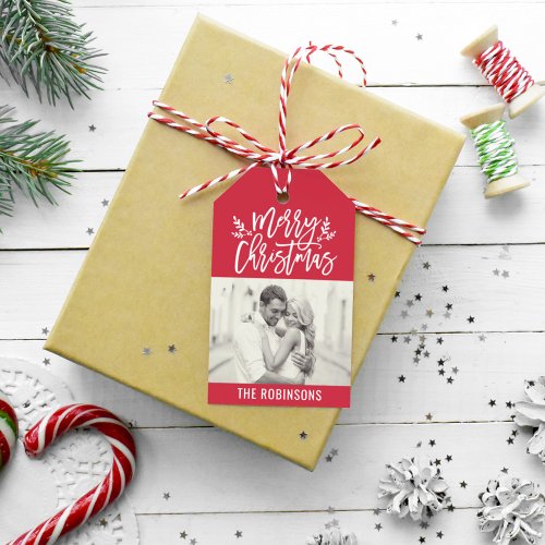 Modern Merry Christmas Red Script Photo Gift Tags