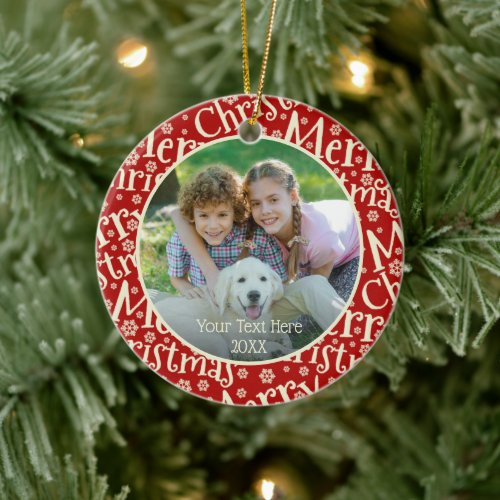 Modern MERRY CHRISTMAS Red Snowflake Pattern Photo Ceramic Ornament