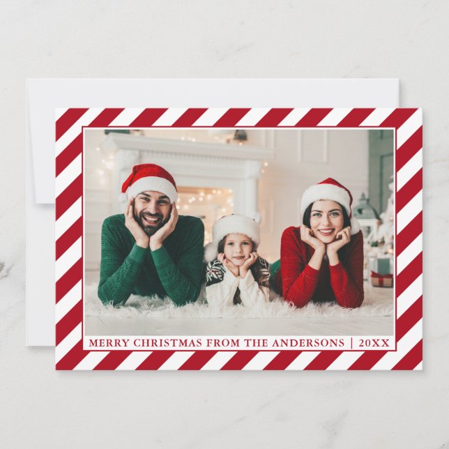 Modern Merry Christmas Red Stripes Photo Holiday Card (Front)
