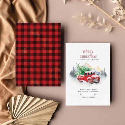 Modern Merry Christmas Red Truck Buffalo Family Note Card