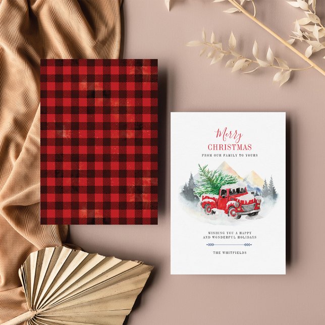 Modern Merry Christmas Red Truck Buffalo Family Note Card (Creator Uploaded)