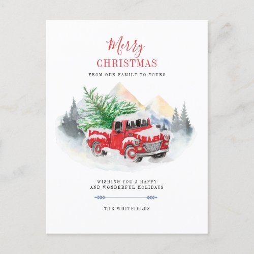 Modern Merry Christmas Red Truck Family Holiday Postcard