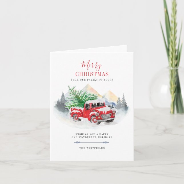 Modern Merry Christmas Red Truck Rustic Family Note Card (Front)