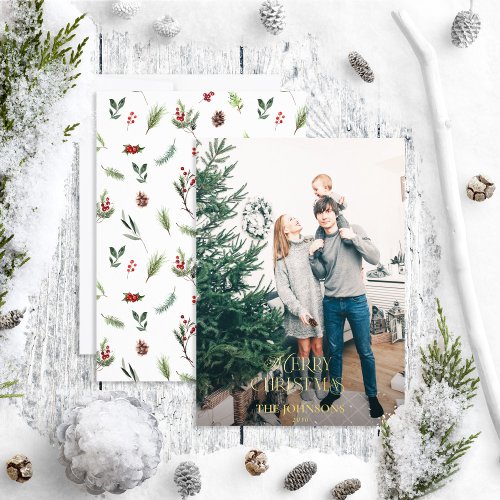 Modern Merry Christmas Red Winter Green Gold Photo Foil Holiday Card