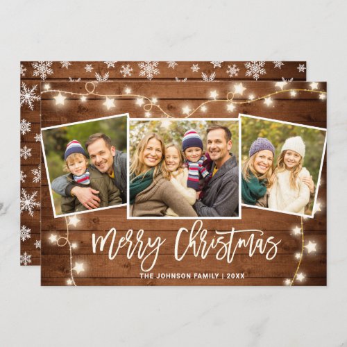 Modern Merry Christmas Rustic  3 PHOTO Greeting Holiday Card