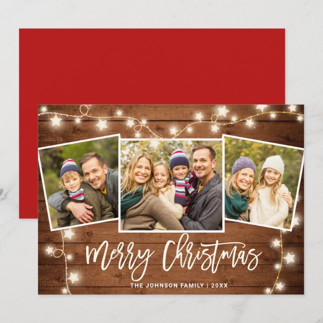 Modern Merry Christmas Rustic  3 PHOTO Greeting Holiday Card (Front/Back)