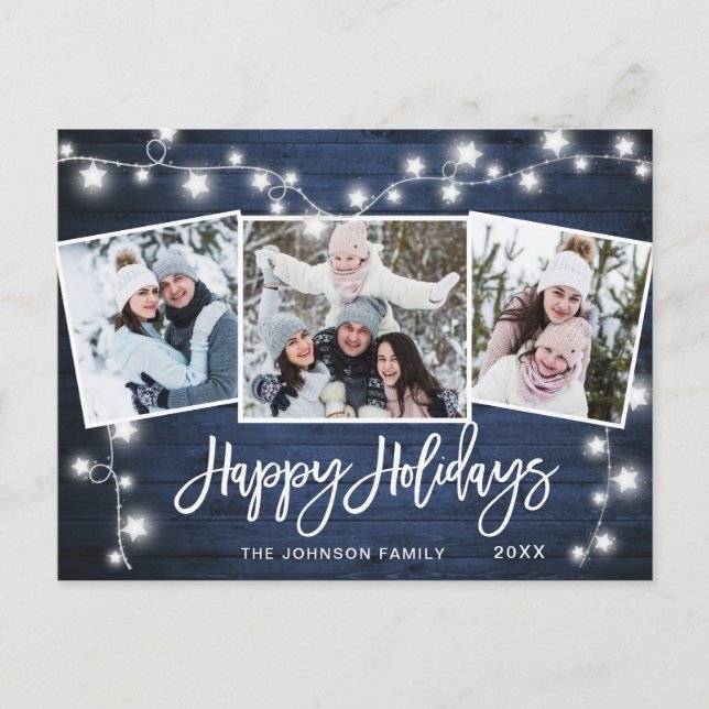 Modern Merry Christmas Rustic  3 PHOTO Greeting Holiday Postcard (Front)