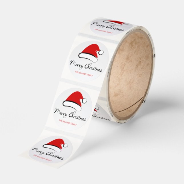 Modern Merry Christmas Santa Hat Round Sticker (Roll)