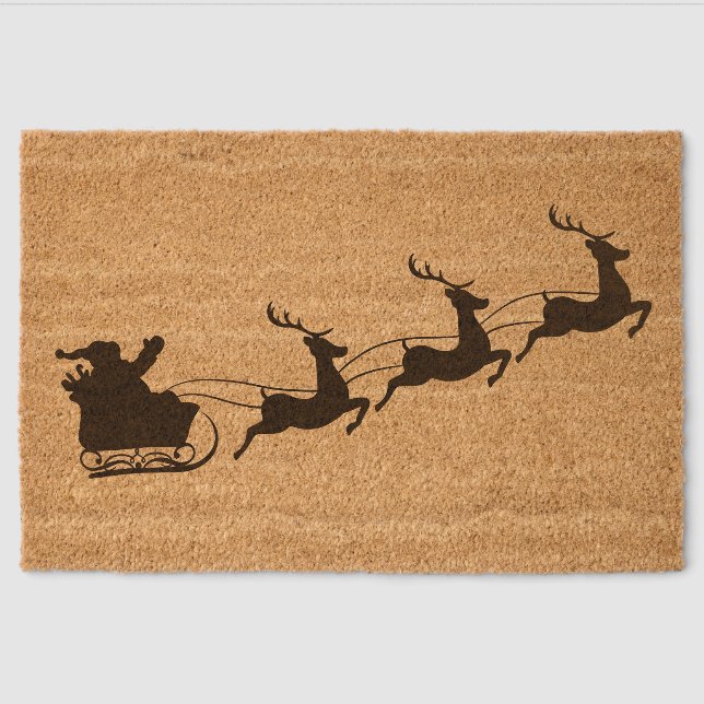 Modern Merry Christmas Santa Sleigh and Reindeer Fiber Doormat (Front)