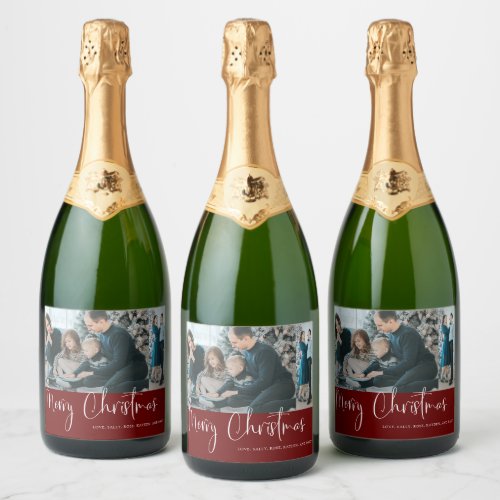 Modern Merry Christmas Script 2 Photo Collage Red Sparkling Wine Label