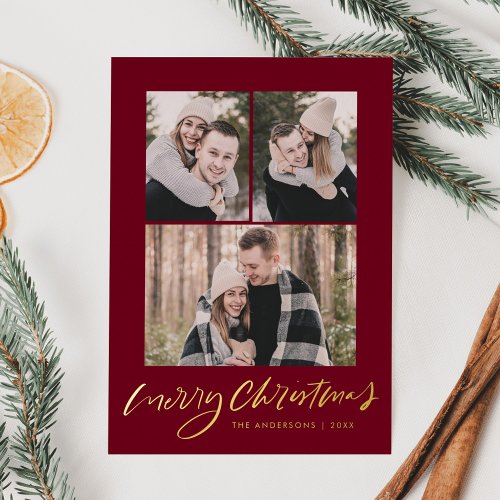 Modern Merry Christmas Script Cranberry 3 Photo Foil Holiday Card