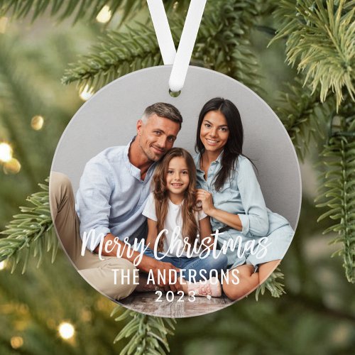 Modern Merry Christmas Script Custom Family Photo Ornament