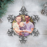 Modern Merry Christmas Script Custom Family Photo Snowflake Pewter Christmas Ornament<br><div class="desc">Stylish photo ornament design for the holidays features your favorite family image with Merry Christmas text in modern brushed script lettering. Personalize the custom text with your last name or family name and the year. A simple pattern of white winter snowflakes dresses up the back of the ornament. Photo tip:...</div>