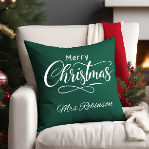 Modern Merry Christmas Script Custom Name Throw Pillow