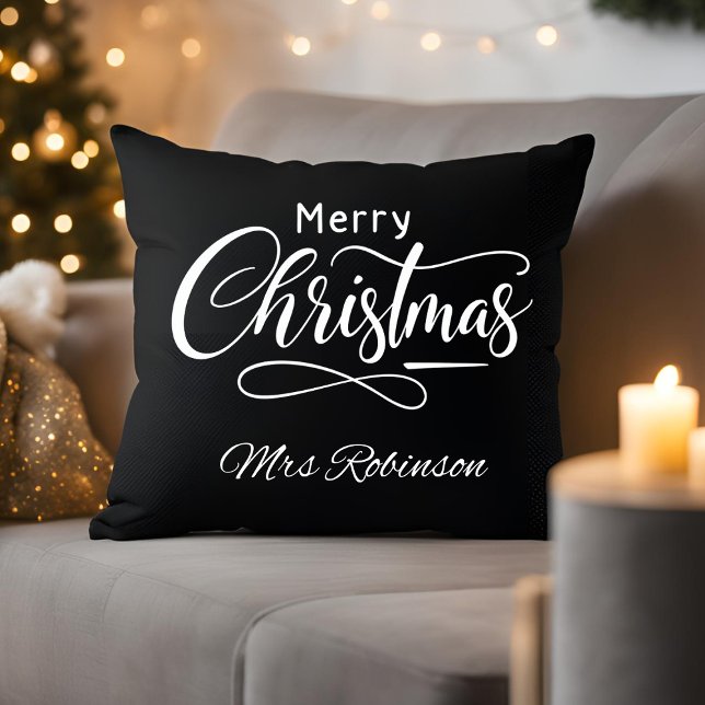 Modern Merry Christmas Script Custom Name Throw Pillow (Creator Uploaded)