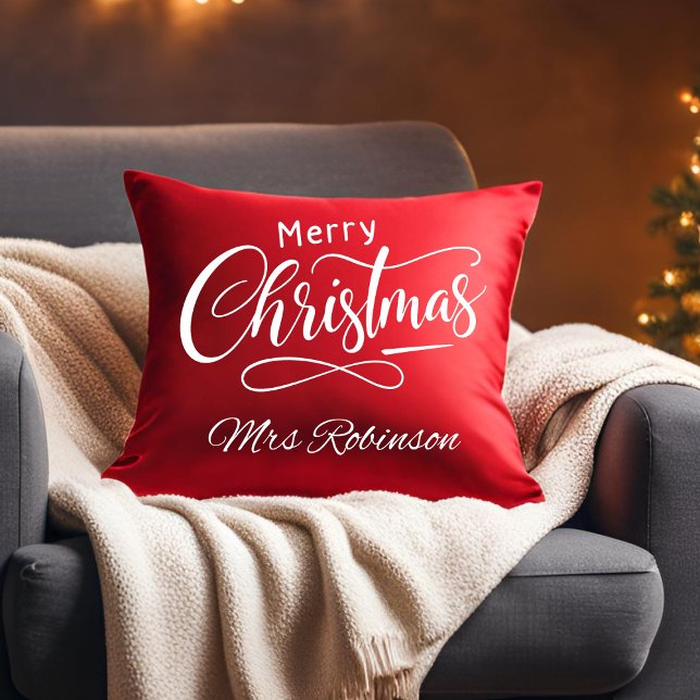 Modern Merry Christmas Script Custom Name Throw Pillow (Creator Uploaded)