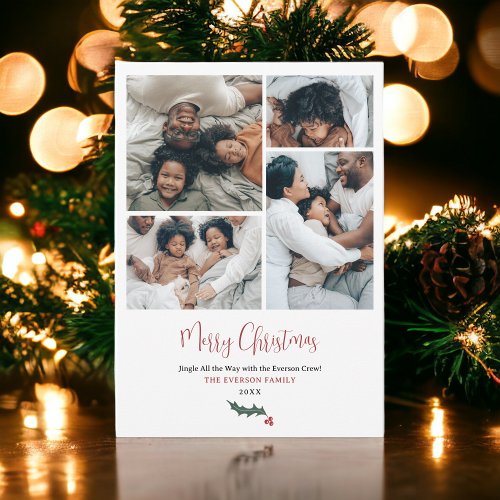 Modern merry Christmas script family 5 photos Holiday Card