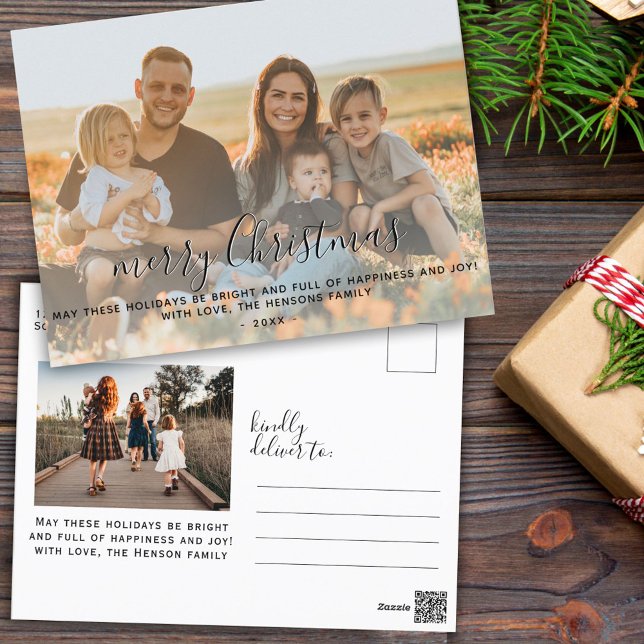 Modern Merry Christmas Script Family Full Photo  Holiday Postcard (Creator Uploaded)