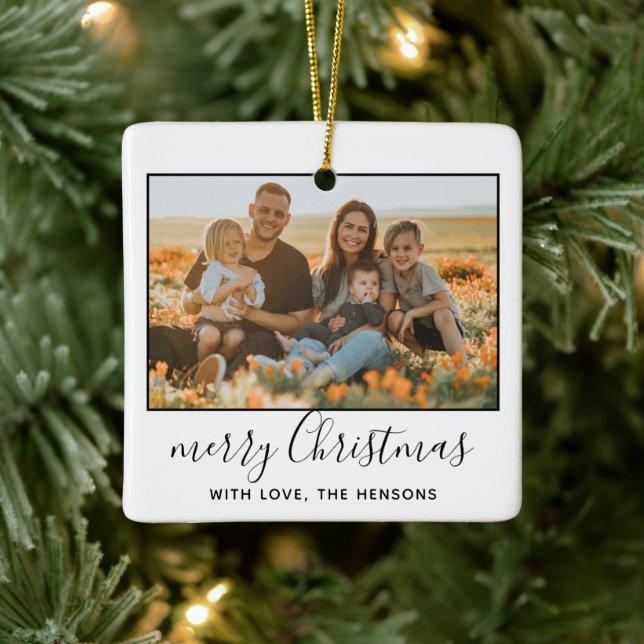 Modern Merry Christmas Script Family Photo Ceramic Ornament (Tree)