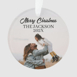 Modern Merry Christmas Script Family Photo Gray Or Ornament