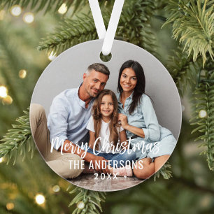 Modern Merry Christmas Script Family Photo Gray Ornament