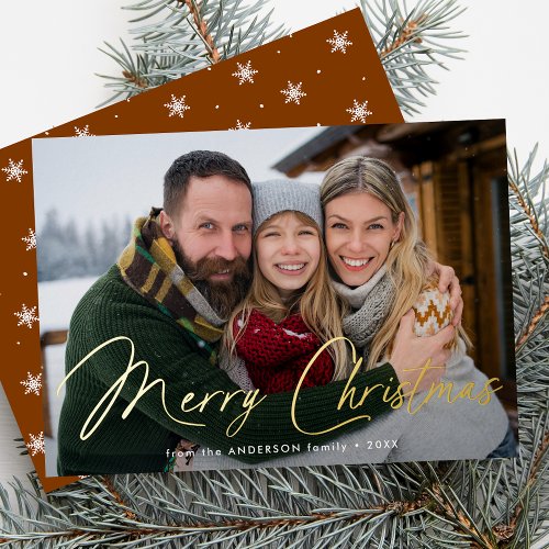 Modern Merry Christmas Script Gingerbread Photo Foil Holiday Card