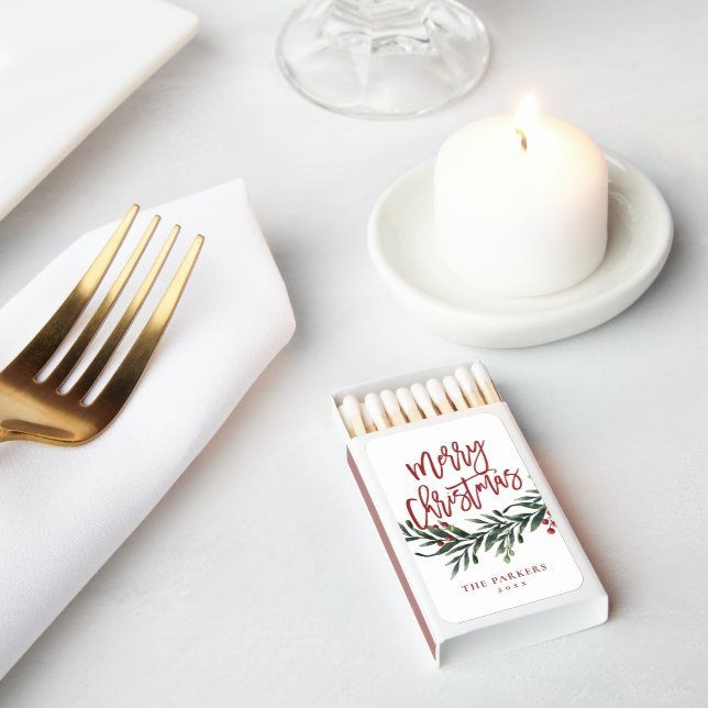 Modern Merry Christmas Script Greenery  Matchboxes (Insitu)