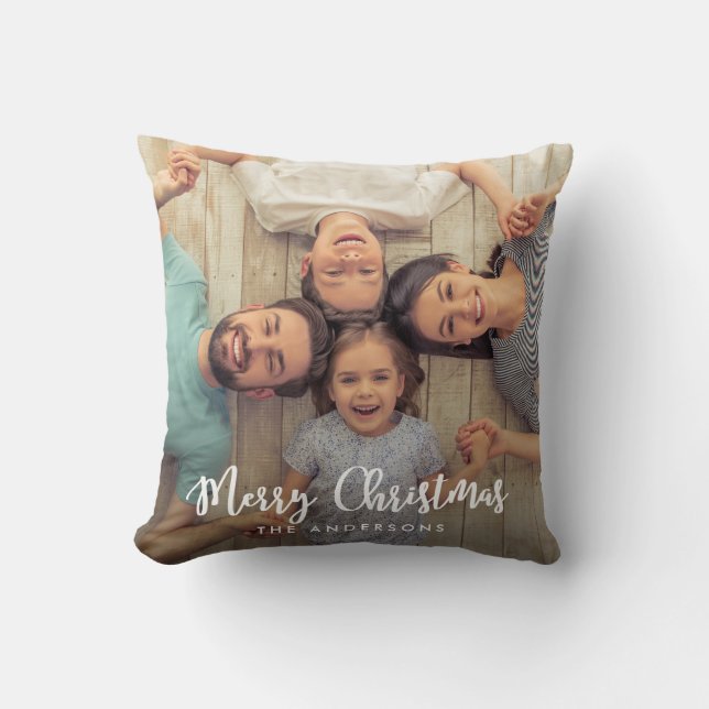 Modern Merry Christmas Script | Holiday Photo Throw Pillow (Front)