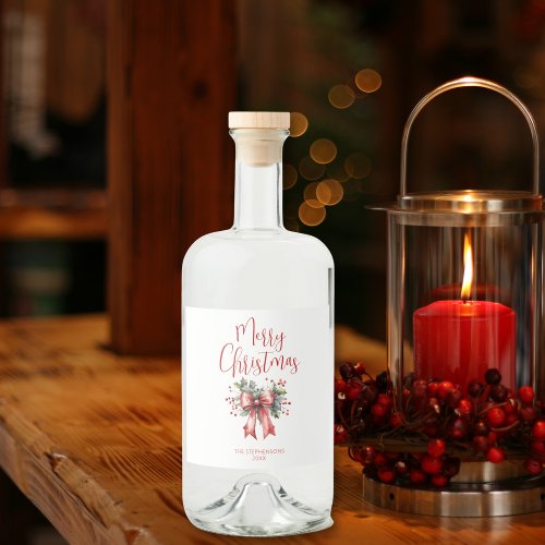 Modern Merry Christmas Script Holly Bow Liquor Bottle Label