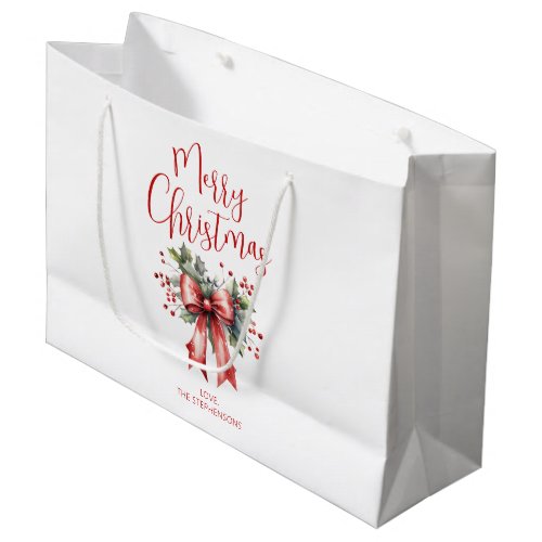 Modern Merry Christmas Script Holly Bow Name Large Gift Bag