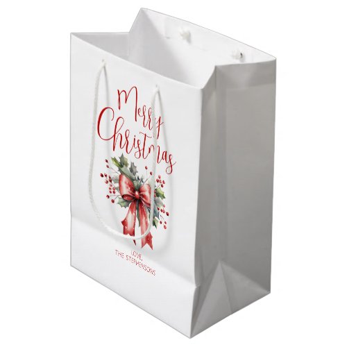 Modern Merry Christmas Script Holly Bow Name Medium Gift Bag