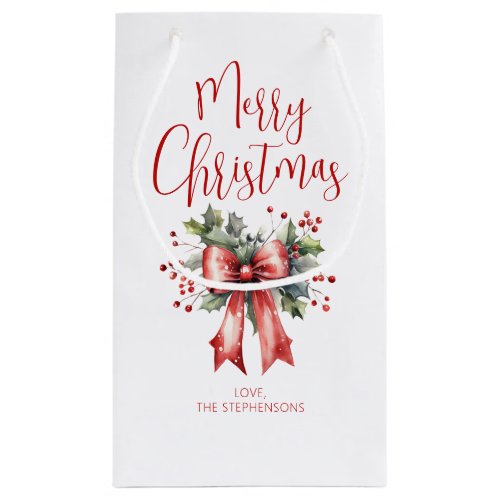 Modern Merry Christmas Script Holly Bow Name Small Gift Bag