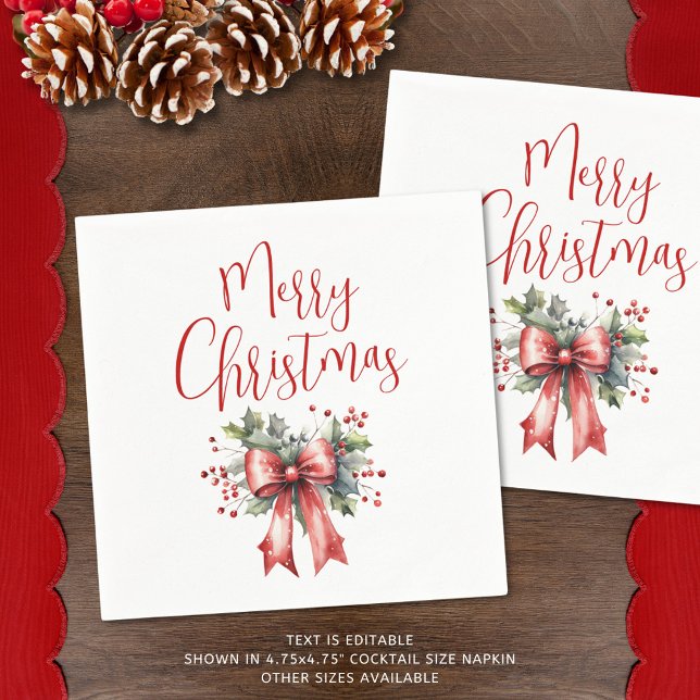 Modern Merry Christmas Script Holly Bow Napkins (Creator Uploaded)