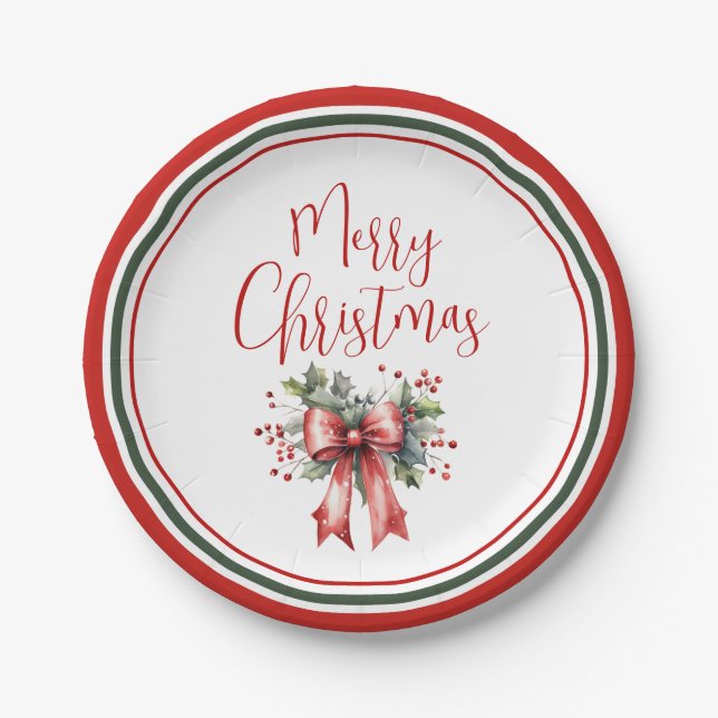 Modern Merry Christmas Script Holly Bow Paper Plates (Front)
