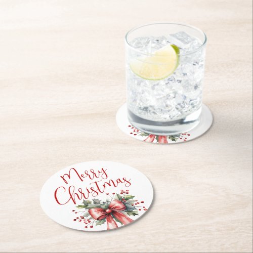 Modern Merry Christmas Script Holly Bow Red Round Paper Coaster