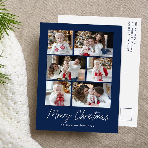 Modern Merry Christmas Script Navy 6 Photo Collage Holiday Postcard