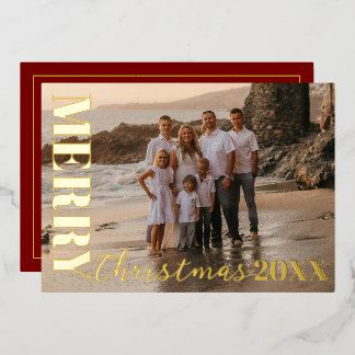 Modern Merry Christmas Script One Photo Gold  Foil Holiday Card