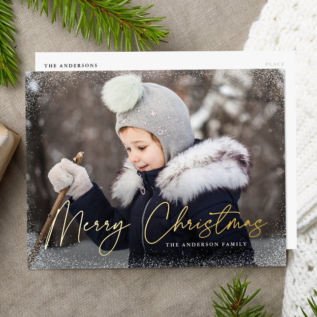Modern Merry Christmas Script Photo Foil Holiday Postcard (Creator Uploaded)