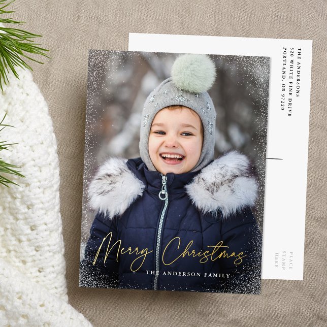 Modern Merry Christmas Script Photo Foil Holiday Postcard (Creator Uploaded)