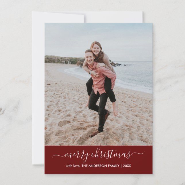 Modern Merry Christmas Script Photo Red Chevron Holiday Card (Front)