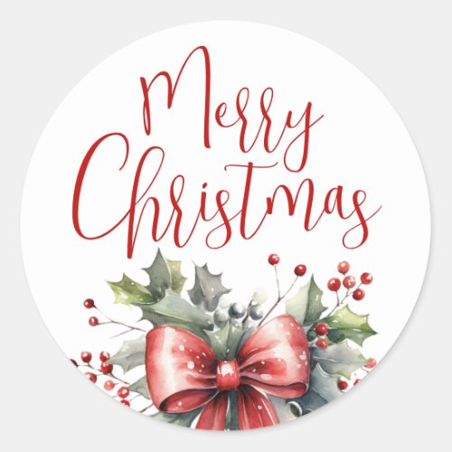 Modern Merry Christmas Script Red Bow Classic Round Sticker