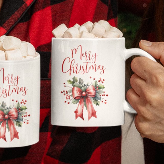 Modern Merry Christmas Script Red Bow Coffee Mug (Creator Uploaded)