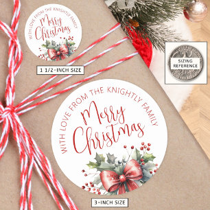 Modern Merry Christmas Script Red Bow From Name Classic Round Sticker