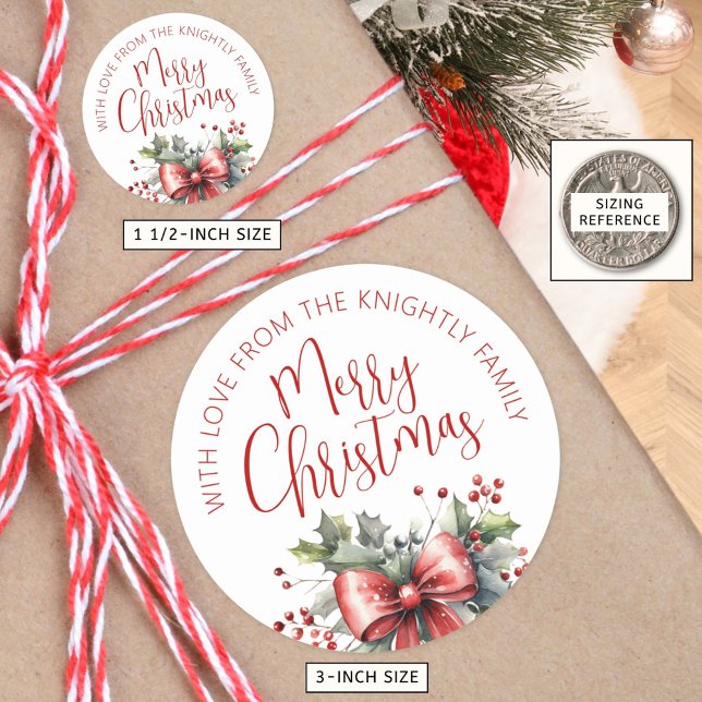 Modern Merry Christmas Script Red Bow From Name Classic Round Sticker (Creator Uploaded)